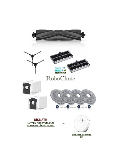 Dreame L40 Ultra Ce Robot Süpürge Model Kod: Rld52se Uyumlu Yedek Toz Torbası, Fırça, Filtre, Mop Paspas -11 Parça