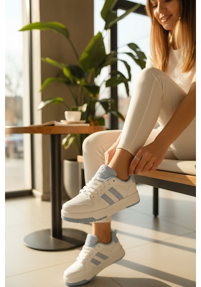 Enoch Kadın Renkli Şerit Detaylı Şık Sneaker Yürüyüş Ayakkabısı Beyaz Mavı