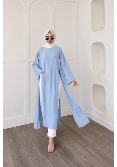 Unika Boutique Kadın Uzun Yırtmaçlı Abaya Tunik mavi