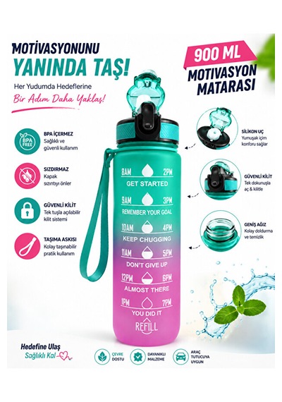 900 Ml Motivasyon Matarası Sızdırmaz, Kilitli, Silikon Uçlu, Taşıma Askılı, Geniş Ağızlı Su Matarası Turkuaz