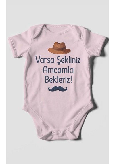 Morivokids Varsa Şekliniz Amcamla Bekleriz Kısa Kollu Bebek Body %100 Pamuk Bebe Pembe