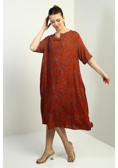 By Saygı Kadın Şal Desenli Cepli Oversize Elbise Kahve