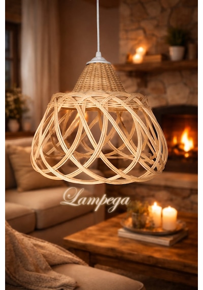 Lampega Rattan Bambu Hasır Avize Altın