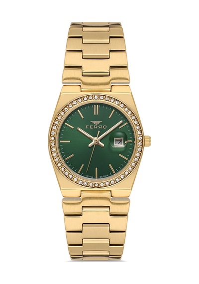 Ferro Fl21596awt-b6 Quartz Çelik Altın Rengi Yeşil Kadran 30 Mm Kadın Kol Saati Altın