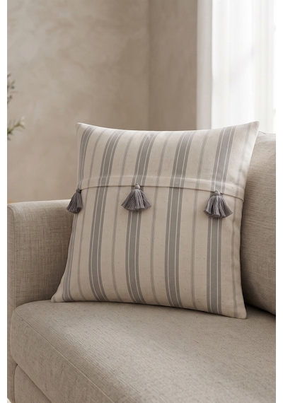 Gri Çizgili Üç Püskül Detaylı Pamuklu Zarf Kapak Dekoratif Kırlent Kılıfı 42x42 Cm Bej