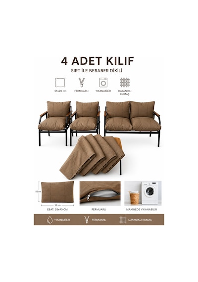 Balkon Bahçe Takımı Minder Kılıfı 4 Lü Set Kahverengi 55x90 Cm Fermuarlı Yıkanabilir