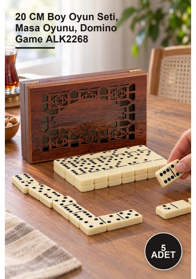 5 Adet Ahşap Kutulu Melamin Domino 20 Cm Boy Oyun Seti, Masa Oyunu, Domino Game Alk2268