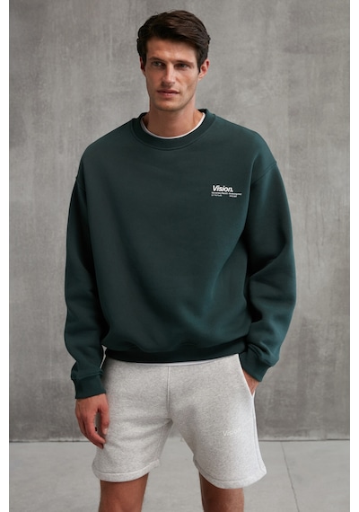 Grimelange Ernest Erkek Organik Pamuklu Yumuşacık Baskı Detaylı Bisiklet Yaka Içi Polarlı Koyu Yeşil Sweatshirt