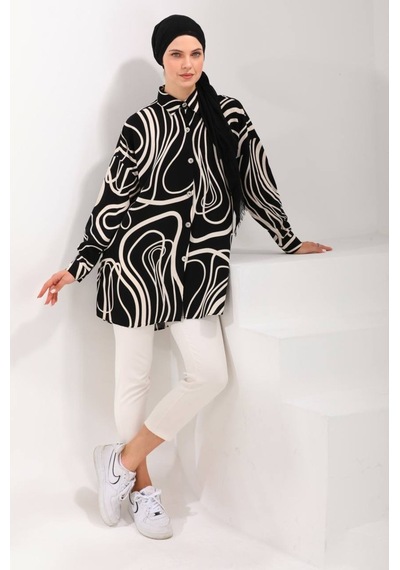 Polologin Butik Siyah Bej Çizgili Yazlık Viskon Kumaş Araboy Tunik Siyah