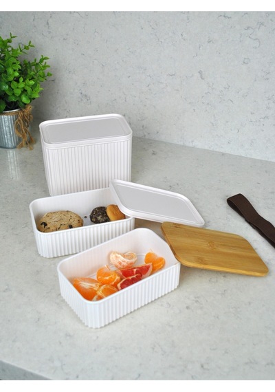 Zebra 3'lü Bambu Kapaklı Lunch Box 1 Lt + 2x 0,50 Lt- Kare Lastikli Saklama Kabı Seti Krem