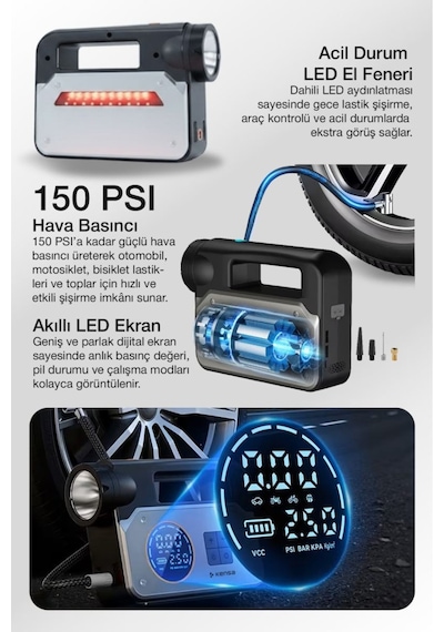 3 Ü 1 Arada Akü Takviye Cihazı Ve Hava Pompası 150 Psı Dijital Kompresör 16.000mah Powerbank Type-c