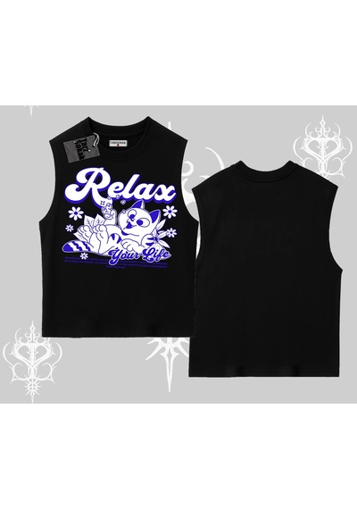 Tarzsokak Relax Kedi Baskılı Kolsuz Tshirt Siyah