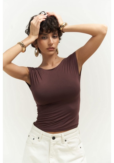 Mai Collection 2737 - Nives Sırt Dekolteli Kahve Crop