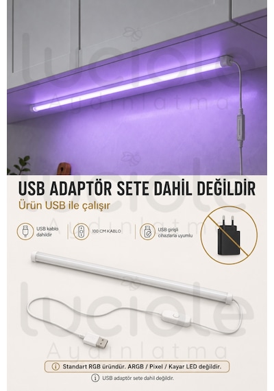 Rf Kumandalı Rgb Led Bar 100 Cm Usb Renk Değiştiren Yapışkanlı Dolap Raf Tezgah Aydınlatma
