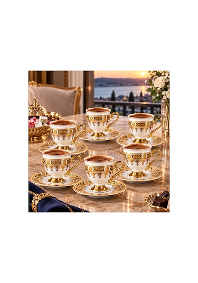 6 Lı Ayaklı Porselen Kahve Fincanı Takımı Siyah Gold Desenli 6 Kişilik Şık Sunum Seti Altın