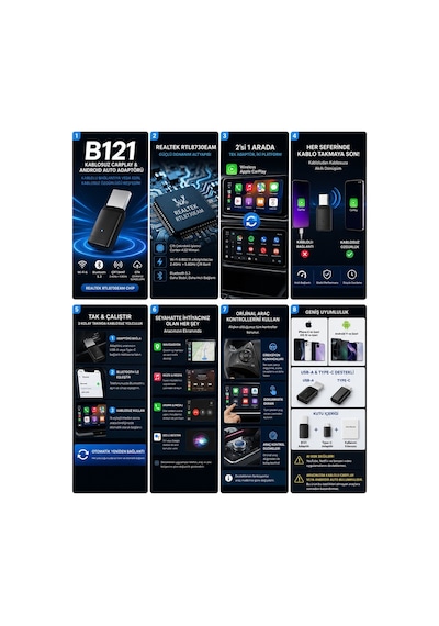 Need B121 2'si 1 Arada Kablosuz Carplay & Android Auto Dönüştürücü Adaptör Wi-fi 6, Bluetooth 5.3 Diğer