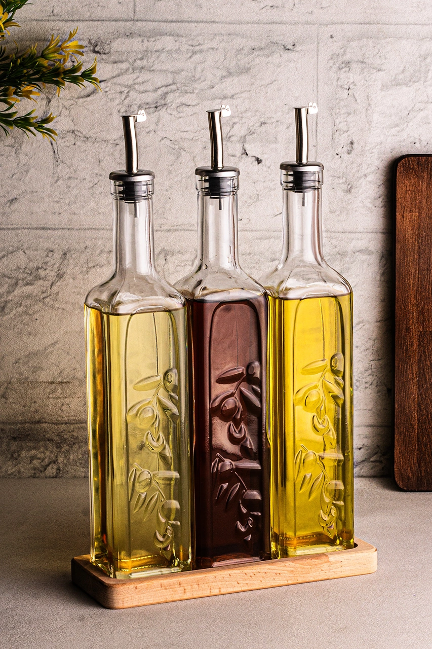 Snippy Safir - Ahşap Standlı 3'lü Cam Damlatmaz Yağlık Sirkelik Zeytinyağı Sıvıyağ Şişesi Yağdanlık 500ml Ahşap