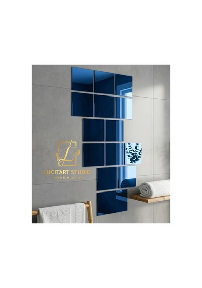 Dekoratif Kare Pleksi Ayna Görünümlü 1mm Mavi Blue Renk Kendinden Yapışkanlı 12 Adet Mavi Mavi