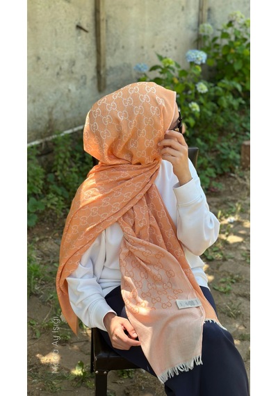 Miorel Scarfs İnce Kumaş G Desen Pamuklu Şal Yün İpek Şal 4 Mevsim Çift Taraflı Turuncu
