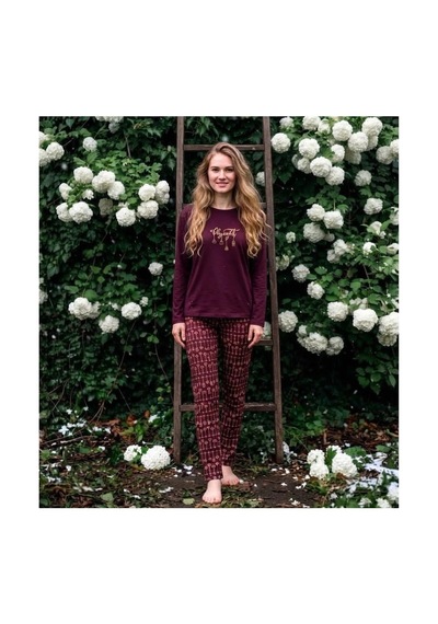 Pijamoni Kadın Sofya Kumaş Bisiklet Yaka Pijama Takımı Bordo