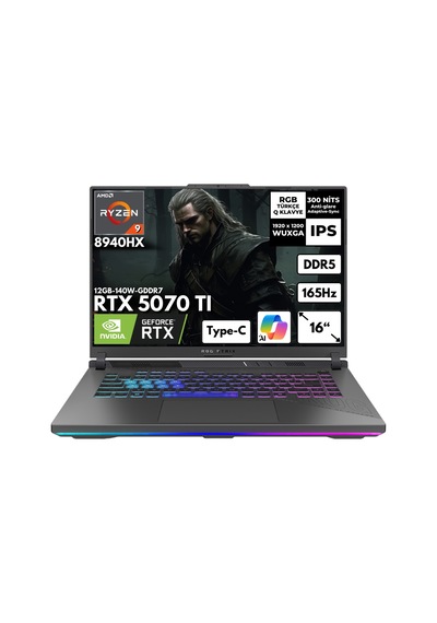 Asus Rog Strix G16 G614PR-RV051HMF41 R9-8940HX 32 GB DDR5 2 TB SSD RTX5070TI 12 GB GDDR7 16" WUXGA W10P Dizüstü Bilgisayar