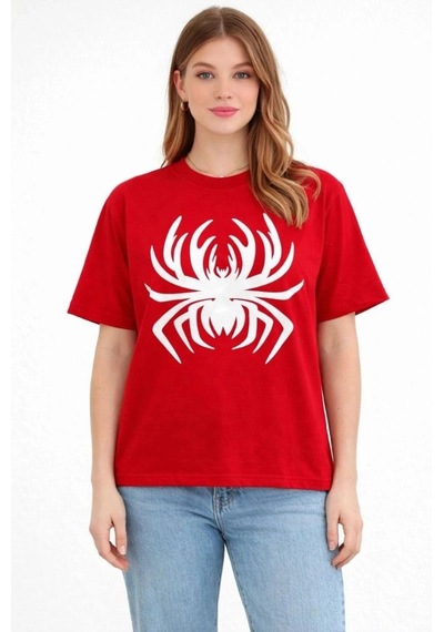Freedom Storee Kadın Örümcek Baskılı Tişört Kısa Kollu Bisiklet Yaka T-shirt - Kırmızı Çok Renkli