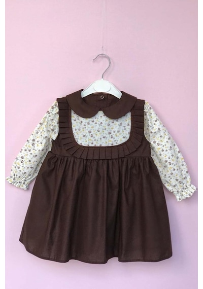 Bebe Yaka Pileli Çiçekli Kahve Kız Çocuk Bebek Elbise 001