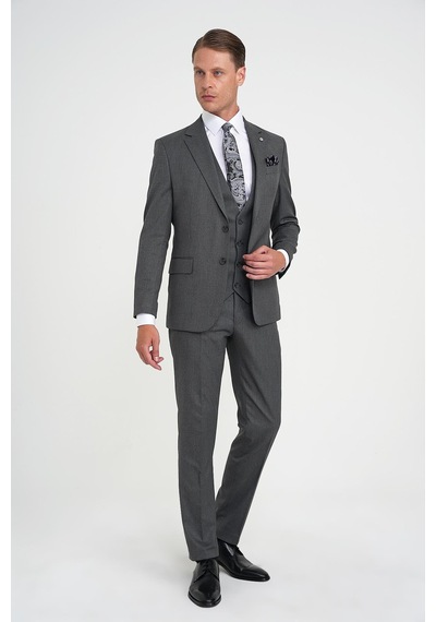 Efor Slim Fit Çift Yırtmaç Balıksırtı Desenli Yelekli Füme Takım Elbise Tk 923 Füme Efor Slim Fit Çift Yırtmaç Balıksırtı Desenli Yelekli Füme Takım Elbise Tk 923 Füme