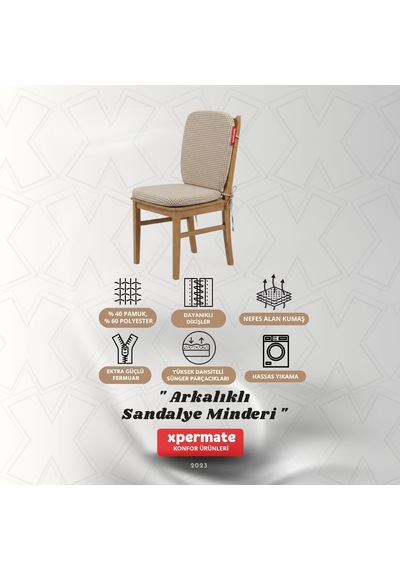 Pötikare Sırtlıklı Sandalye Minderi 42x42 Fermuarlı Yıkanabilir Kılıf Bağcıklı Minder Standart Fit Bej