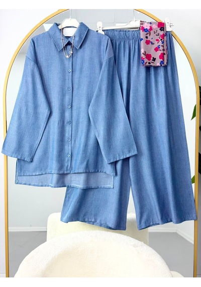 Lovie Moda Kadın Yanı Yırtmaçlı Trend Gömlekli Pantolonlu Takım Turkuaz Mint Yeşili