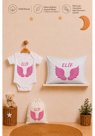 Pia Baby Kız Bebek İsme Özel Hediye Seti %100 Pamuk Body Yastık Kılıfı Ve Ham Bez Bebek Kıyafet Kesesi 2055byk0x Ekru