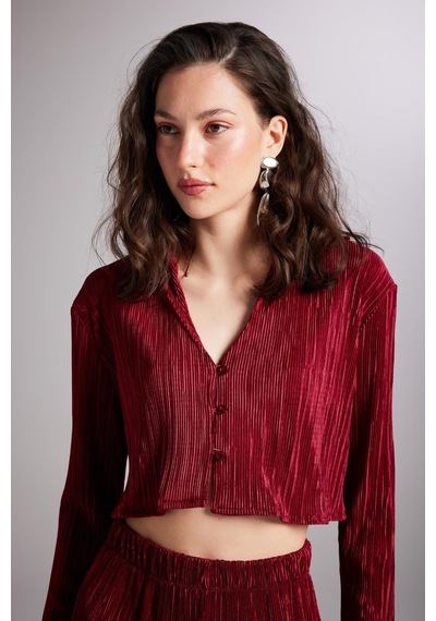 Holly Lolly Crop Model Düğme Kapamalı Comfy Crop Gömlek Bordo