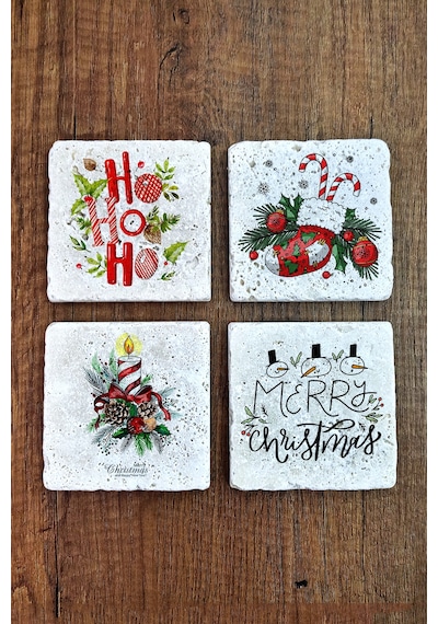 Doğal Taş Bardak Altlığı 4'lü Set 10x10x1 Cm Yeni Yıl- Yıl Başı Stone Coasters Çok Renkli