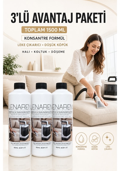 Lenaren Washrite Halı Ve Koltuk Yıkama Makinesi Şampuanı 500 Ml X3 Avantaj Paketi - Roborite Hediyeli 3'lü Set