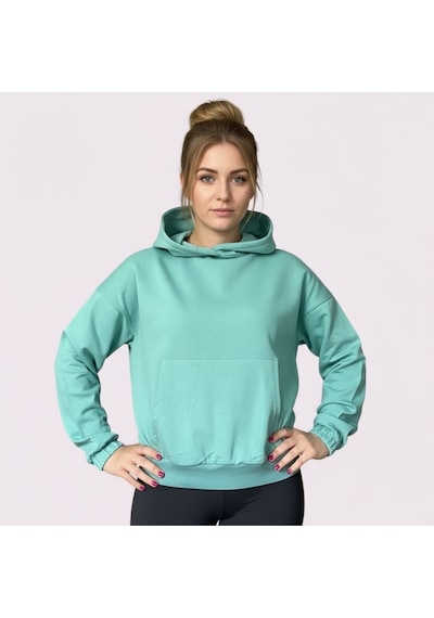 Oversize Kanguru Cepli Kapüşonlu Sweatshirt Turkuaz