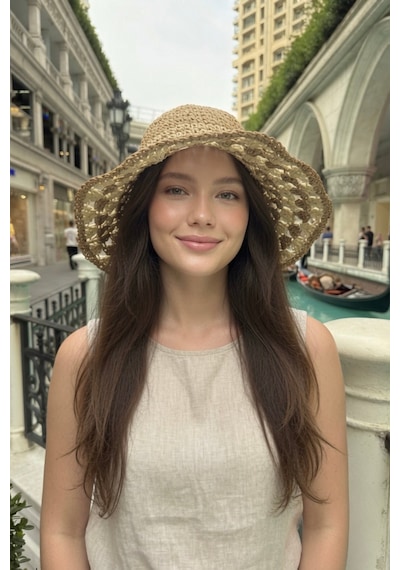 Mollycrush Kadın Yazlık Hasır Camel Şapka Dantel Kenarlı Bohem Plaj Aksesuarı Camel