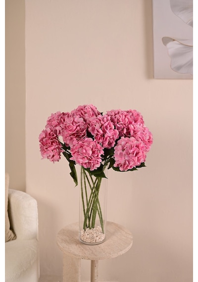 Pembe Yapay Ortanca Çiçeği Tek Dal Premium Canlı Islak Dokulu 68 Cm