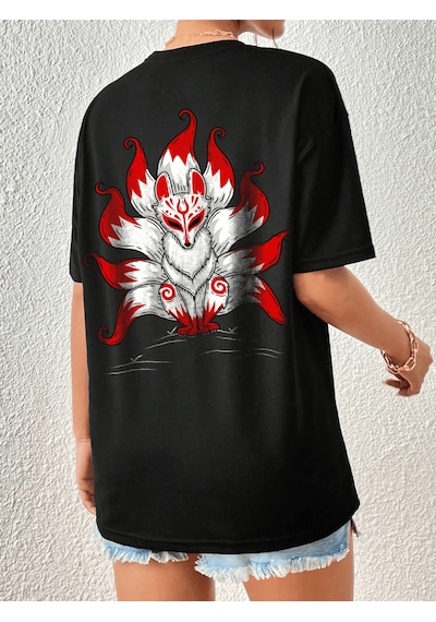 Uyguntarz Unisex Kuyruklu Tilki Tasarım Basklı Tshirt Siyah