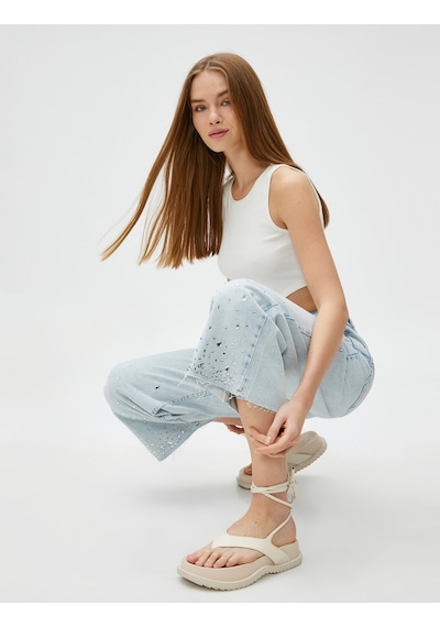 Koton Crop Bol Paça Kot Pantolon Taş İşlemeli - Bianca Crop Jean Bleach 3sal40022md Açık Mavi Koton Crop Bol Paça Kot Pantolon Taş İşlemeli - Bianca Crop Jean Bleach 3sal40022md Açık Mavi