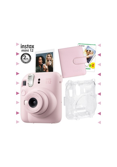 Fujifilm Instax Mini 12 Fotoğraf Makinesi + 20'li Film + Kare Albüm + Şeffaf Kılıf Seti Pembe