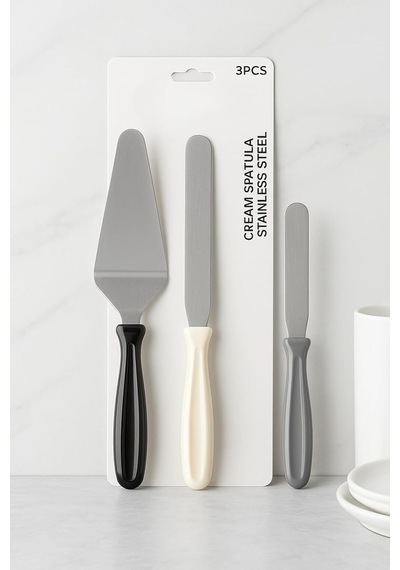 Qerhome 3'lü Pasta Spatula Seti, Paslanmaz Çelik, Siyah-beyaz-gri Saplı, Krem Sürme Ve Dekorasyon İçin Renkli