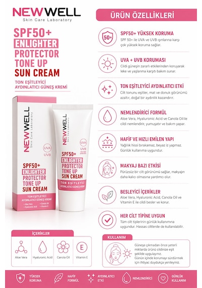 New Well Spf50+ Enlighter Protector Tone Up Sun Cream 50 Ml Ton Eşitleyici Aydınlatıcı Güneş Kremi Uva Uvb & Nemlendirici Etkili