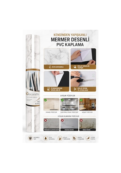 Deconitte Kendinden Yapışkanlı Beyaz Mermer Desenli Pvc Kaplama Folyo Tezgah Masa Dolap 60x100cm
