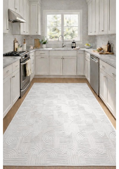 Raschel Carpet Premium Yıkanabilir Leke Tutmaz Emboss Bohem Krem Mutfak Halısı Özel Seri Kaymaz Taban Halı Krem