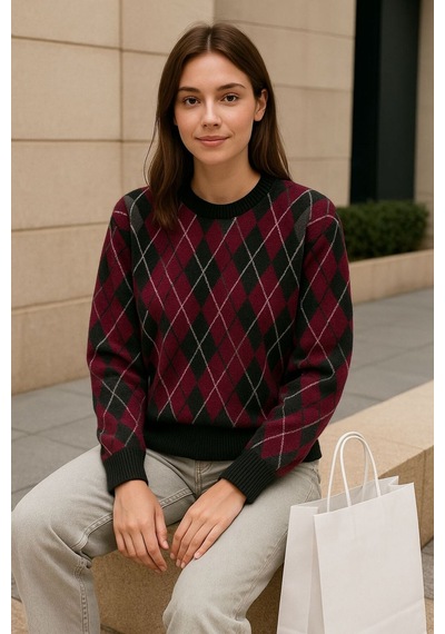 Hira Life Fashion Kadın Şardonlu Bisiklet Yaka Ve Baklava Desenli Triko Uzun Kazak Bordo Bordo Hira Life Fashion Kadın Şardonlu Bisiklet Yaka Ve Baklava Desenli Triko Uzun Kazak Bordo Bordo