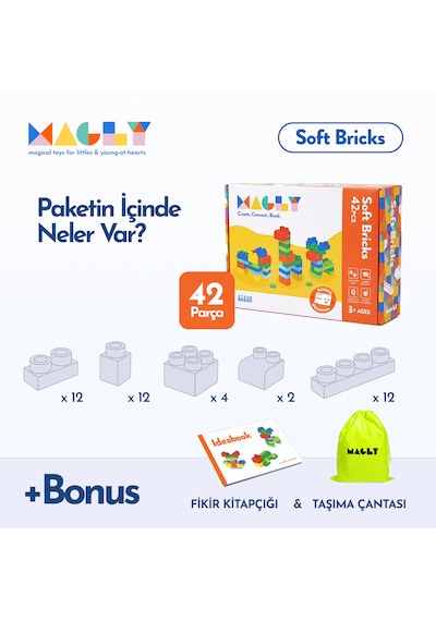 Magly Soft Bricks Yumuşak Yapı Blokları - Çocuklar İçin Renkli Esnek 42 Parça Yapı Blok Seti