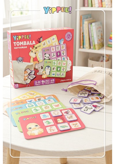 Çocuk Tombala Hayvan Temalı Ham Bez Kese 8 Tabla 40 Pul 60 Parça
