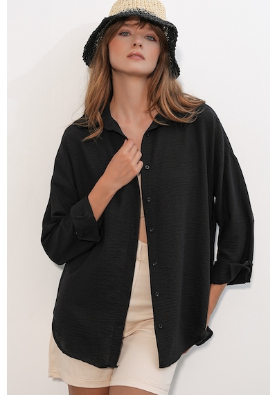 Bigdart Kadın Oversize Keten Gömlek 20338 - Siyah