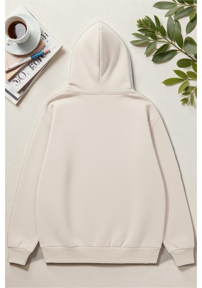 Uyguntarz Unisex Uyuyan Kedi Baskılı Kapüşonlu Sweatshirt Bej