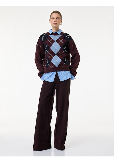 Koton Koton X Melis Ağazat - Regular Fit Uzun Geniş Paça Pantolon Bordo 6wak40121ek Bordo
